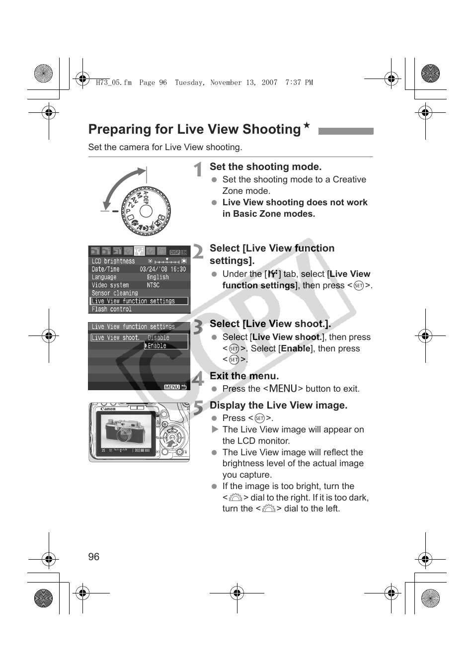 Preparing for live view shooting n | Canon EOS Rebel xsi User Manual | Page 96 / 196