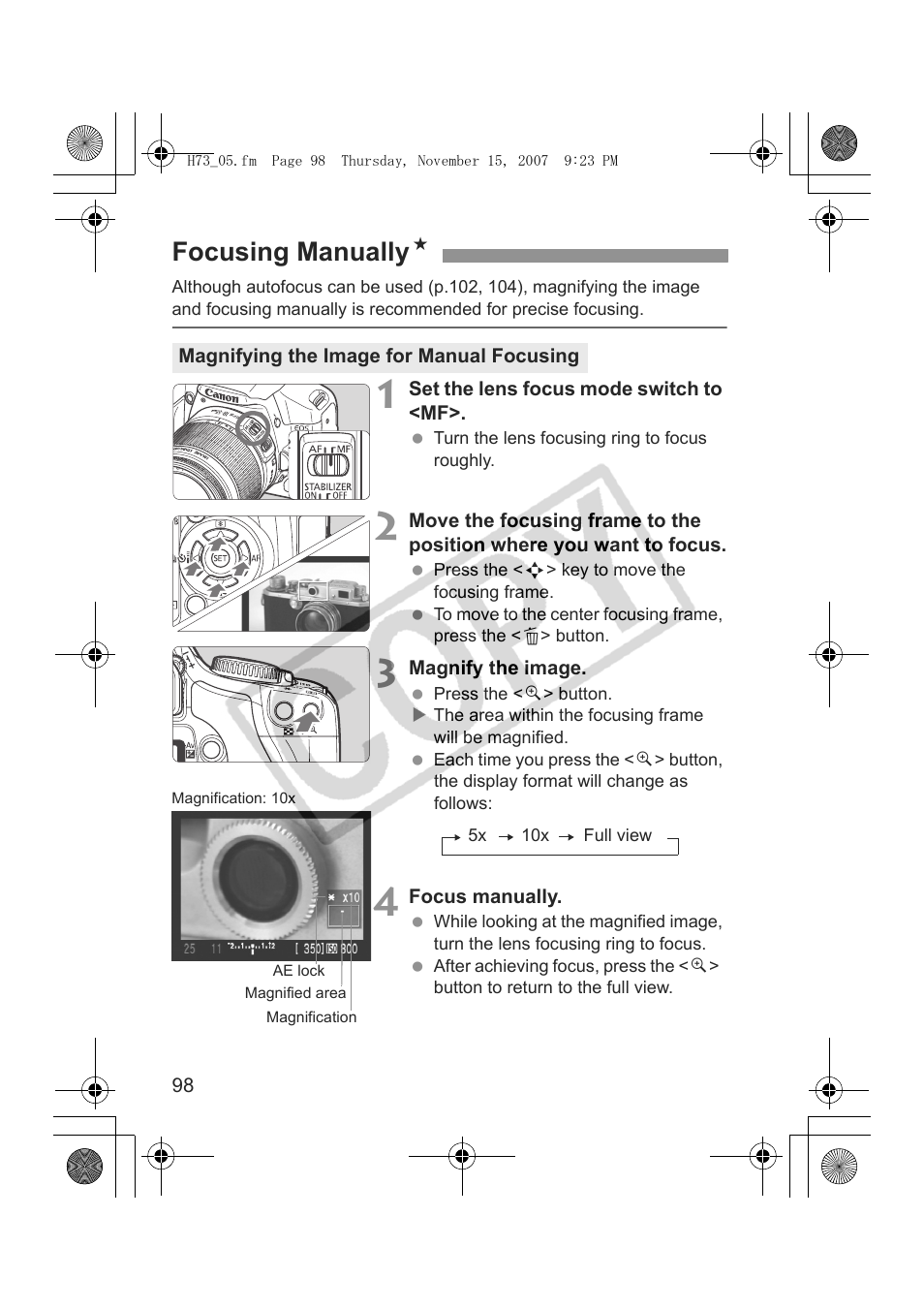 Focusing manually n | Canon EOS Rebel xsi User Manual | Page 98 / 196