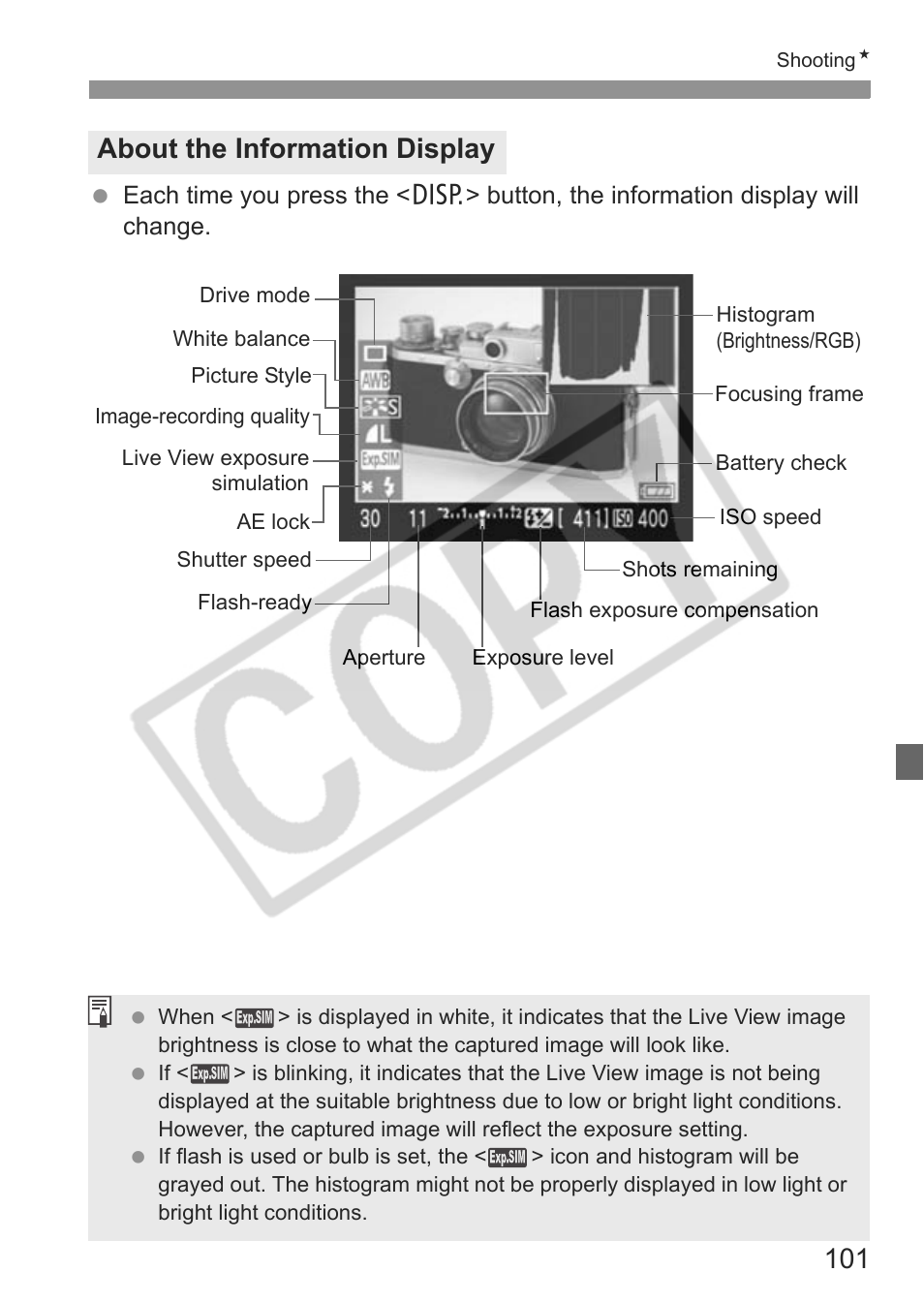 About the information display | Canon EOS rebel xs User Manual | Page 101 / 196