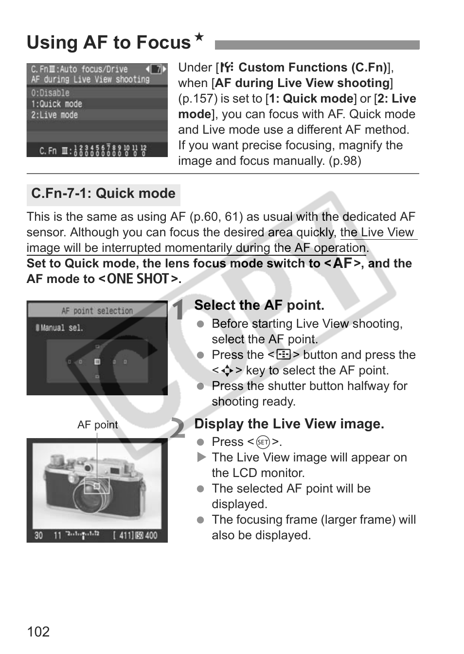 Using af to focus n | Canon EOS rebel xs User Manual | Page 102 / 196