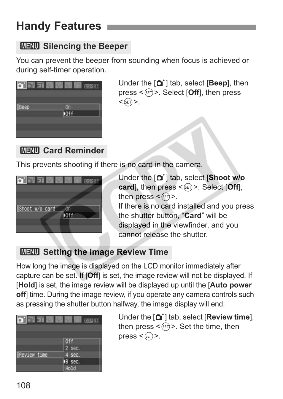 Handy features | Canon EOS rebel xs User Manual | Page 108 / 196