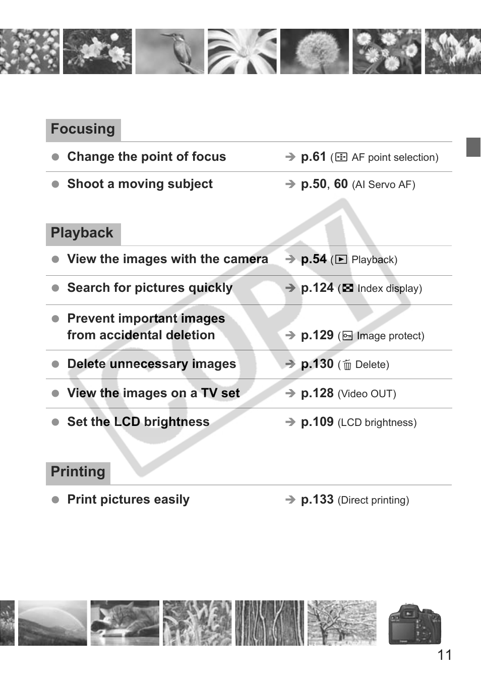 11 focusing, Playback, Printing | Canon EOS rebel xs User Manual | Page 11 / 196