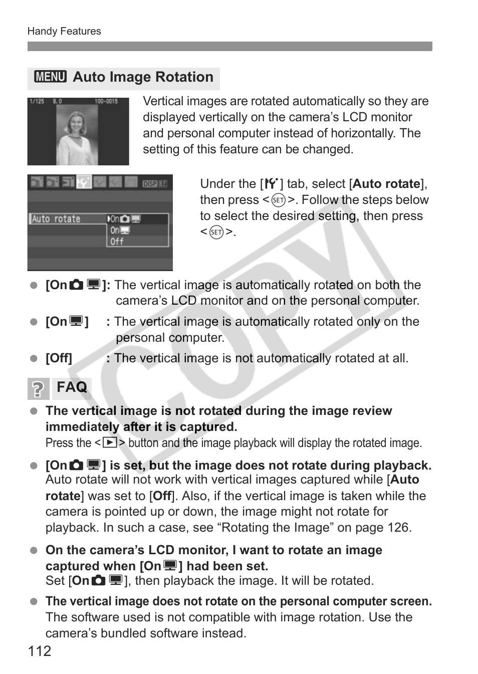 3auto image rotation faq | Canon EOS rebel xs User Manual | Page 112 / 196