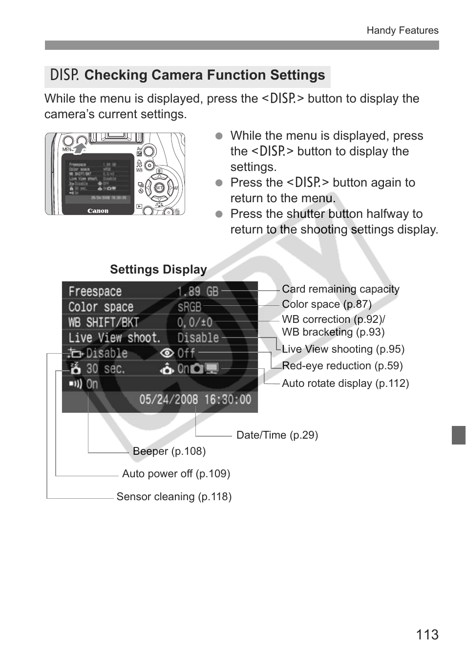 B checking camera function settings | Canon EOS rebel xs User Manual | Page 113 / 196