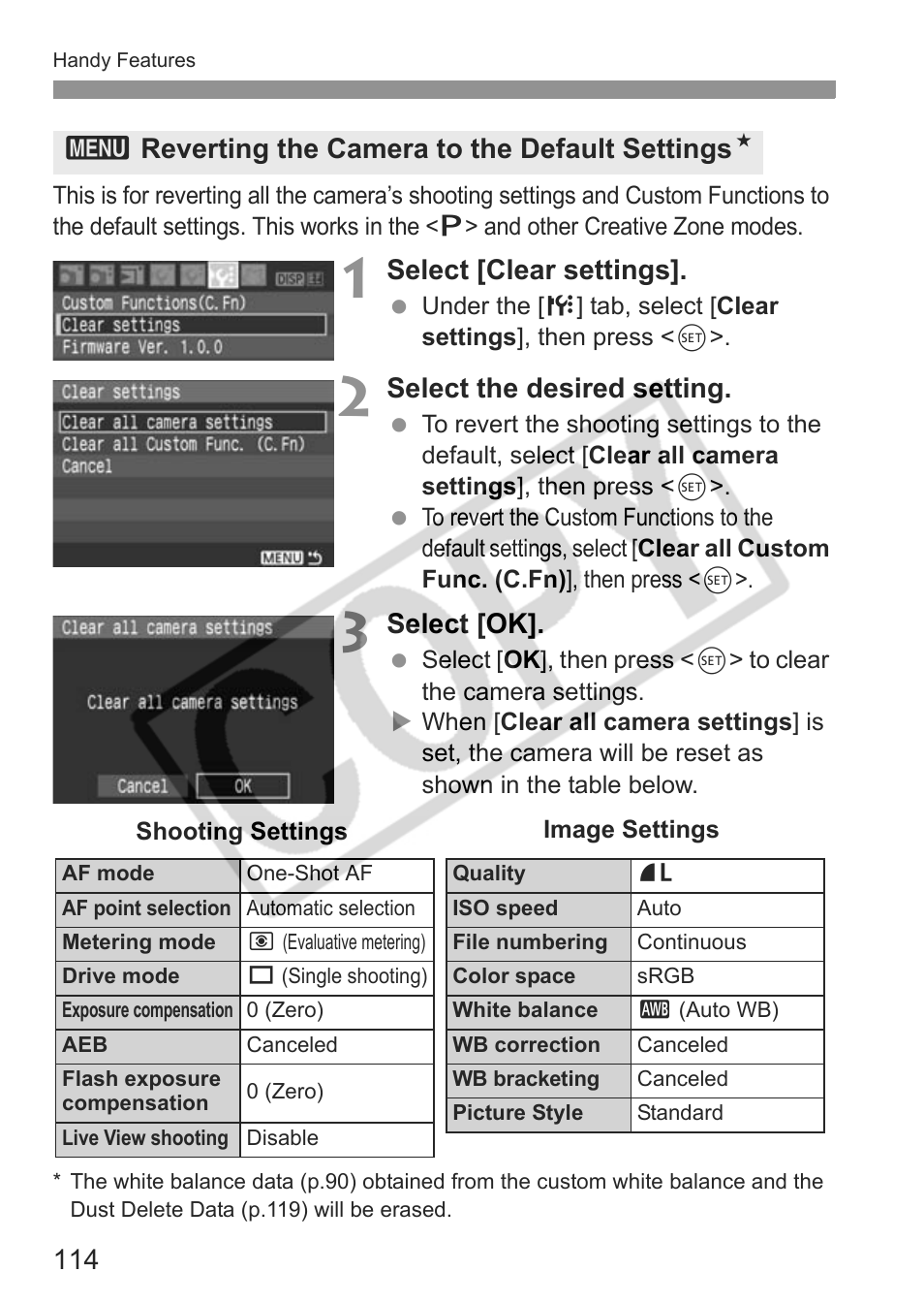 Select [clear settings, Select the desired setting, Select [ok | 3reverting the camera to the default settings n | Canon EOS rebel xs User Manual | Page 114 / 196