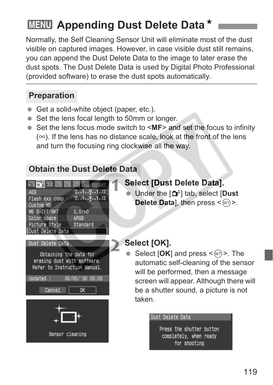 3appending dust delete data n | Canon EOS rebel xs User Manual | Page 119 / 196