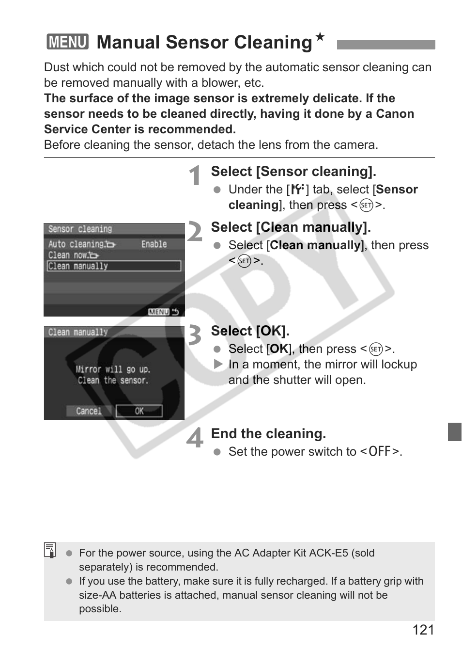 3manual sensor cleaning n | Canon EOS rebel xs User Manual | Page 121 / 196