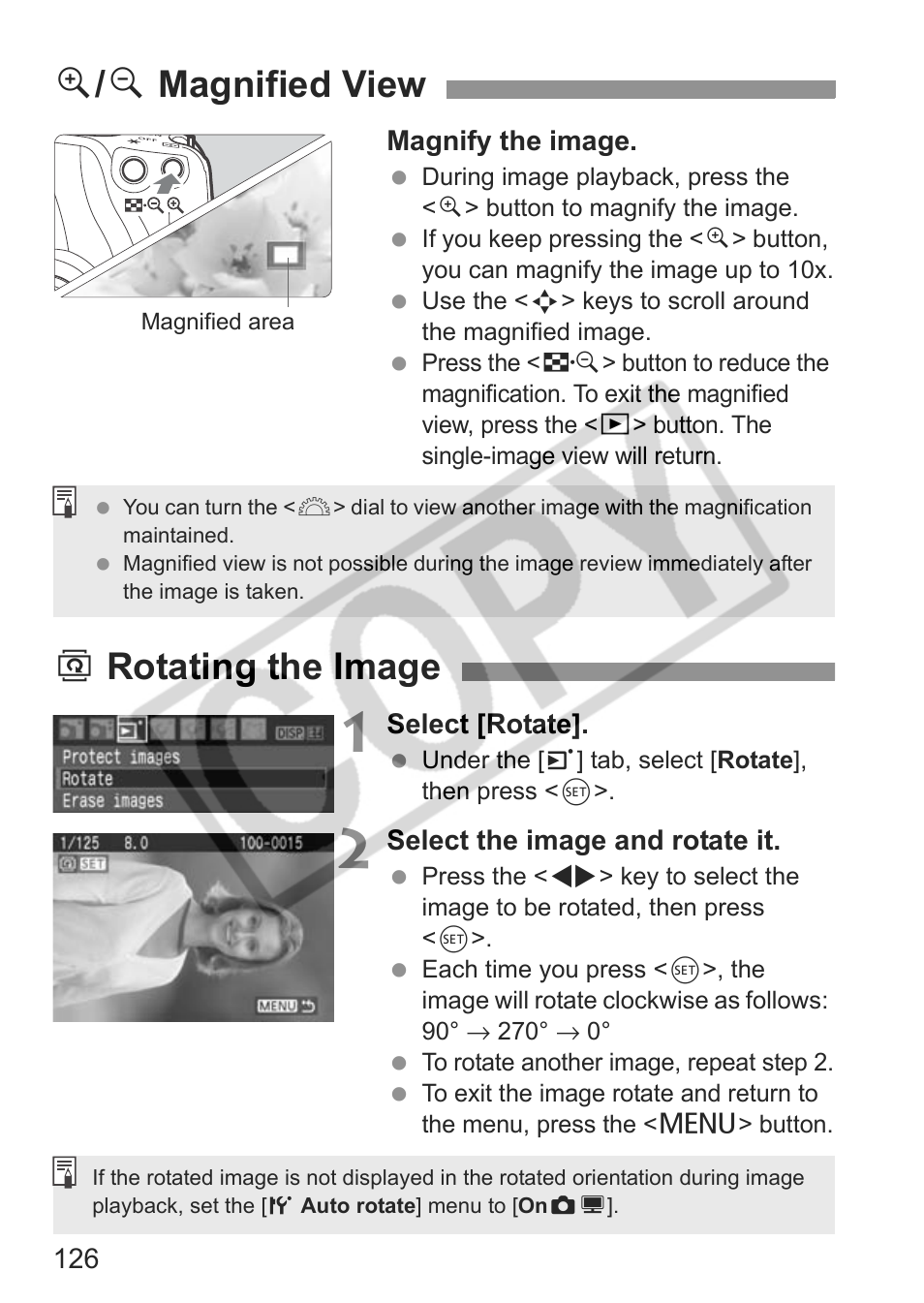 U / y magnified view, B rotating the image | Canon EOS rebel xs User Manual | Page 126 / 196