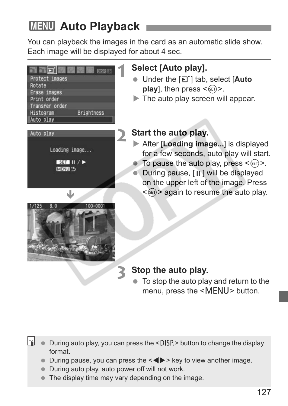 3auto playback | Canon EOS rebel xs User Manual | Page 127 / 196