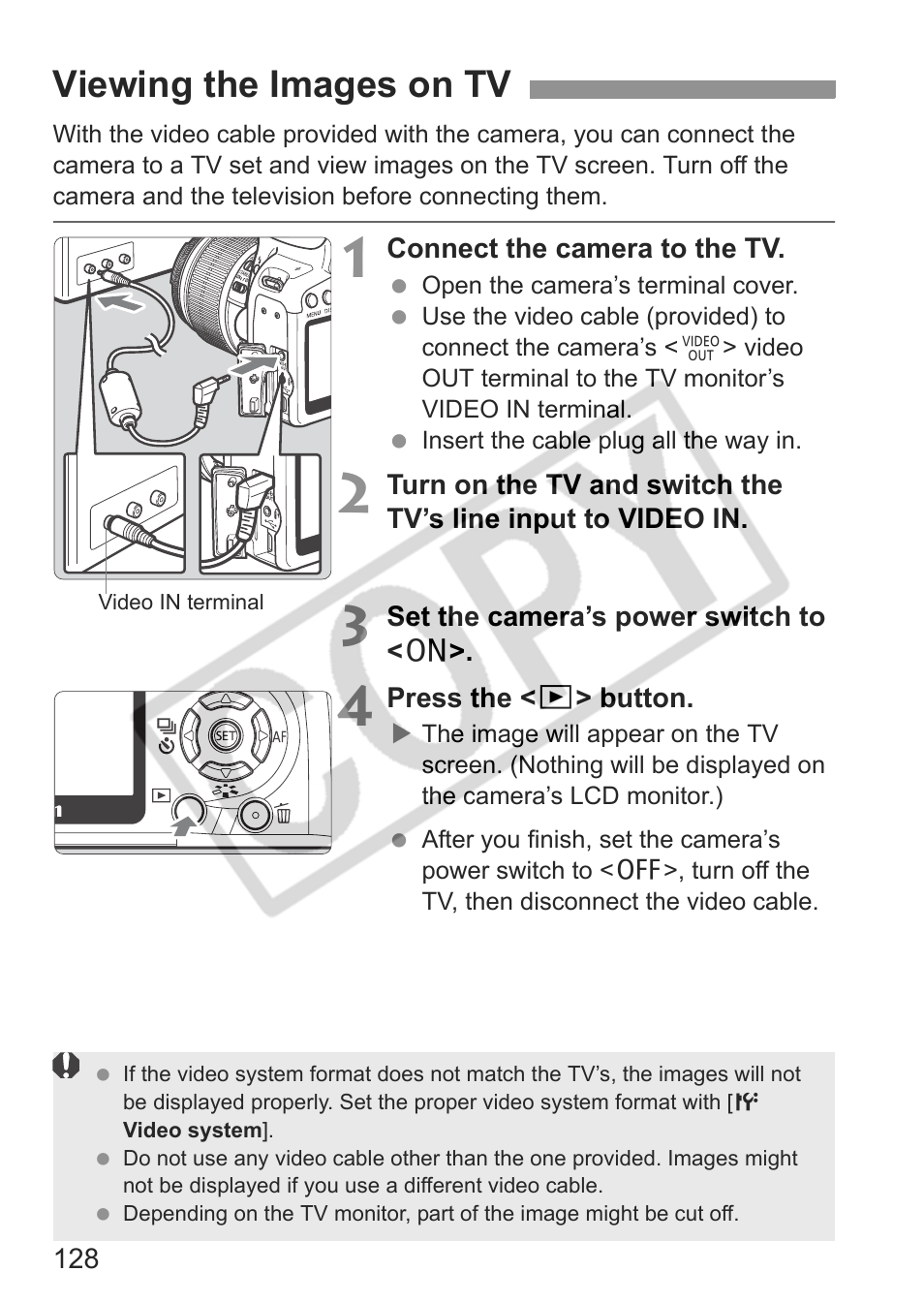 Viewing the images on tv | Canon EOS rebel xs User Manual | Page 128 / 196