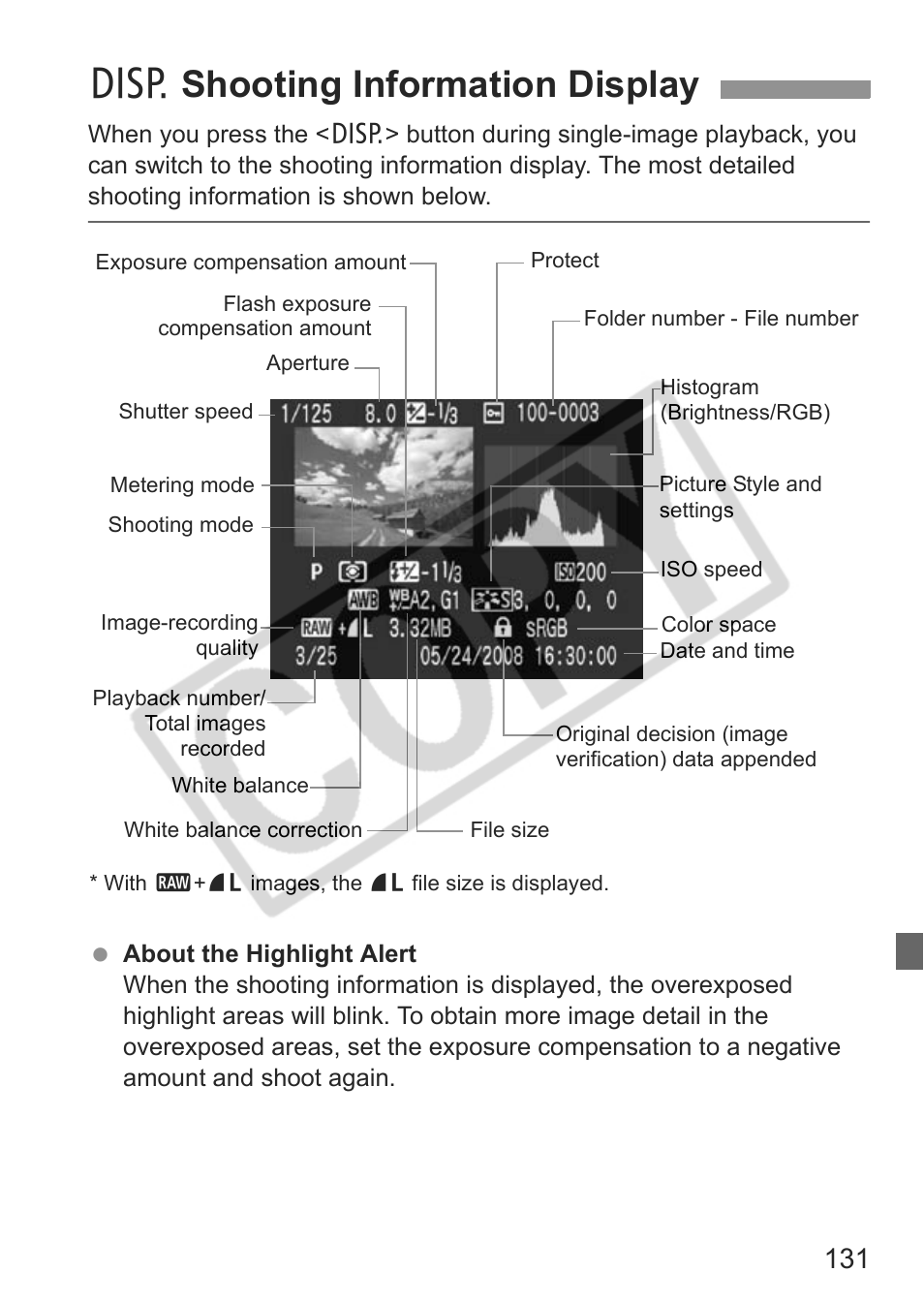 B shooting information display | Canon EOS rebel xs User Manual | Page 131 / 196