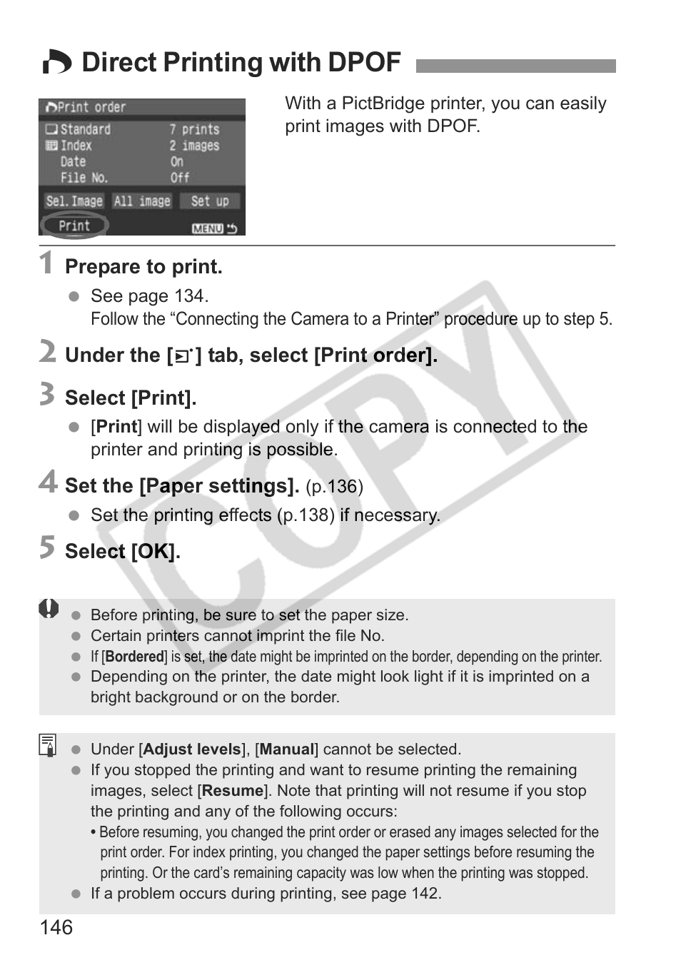 W direct printing with dpof | Canon EOS rebel xs User Manual | Page 146 / 196
