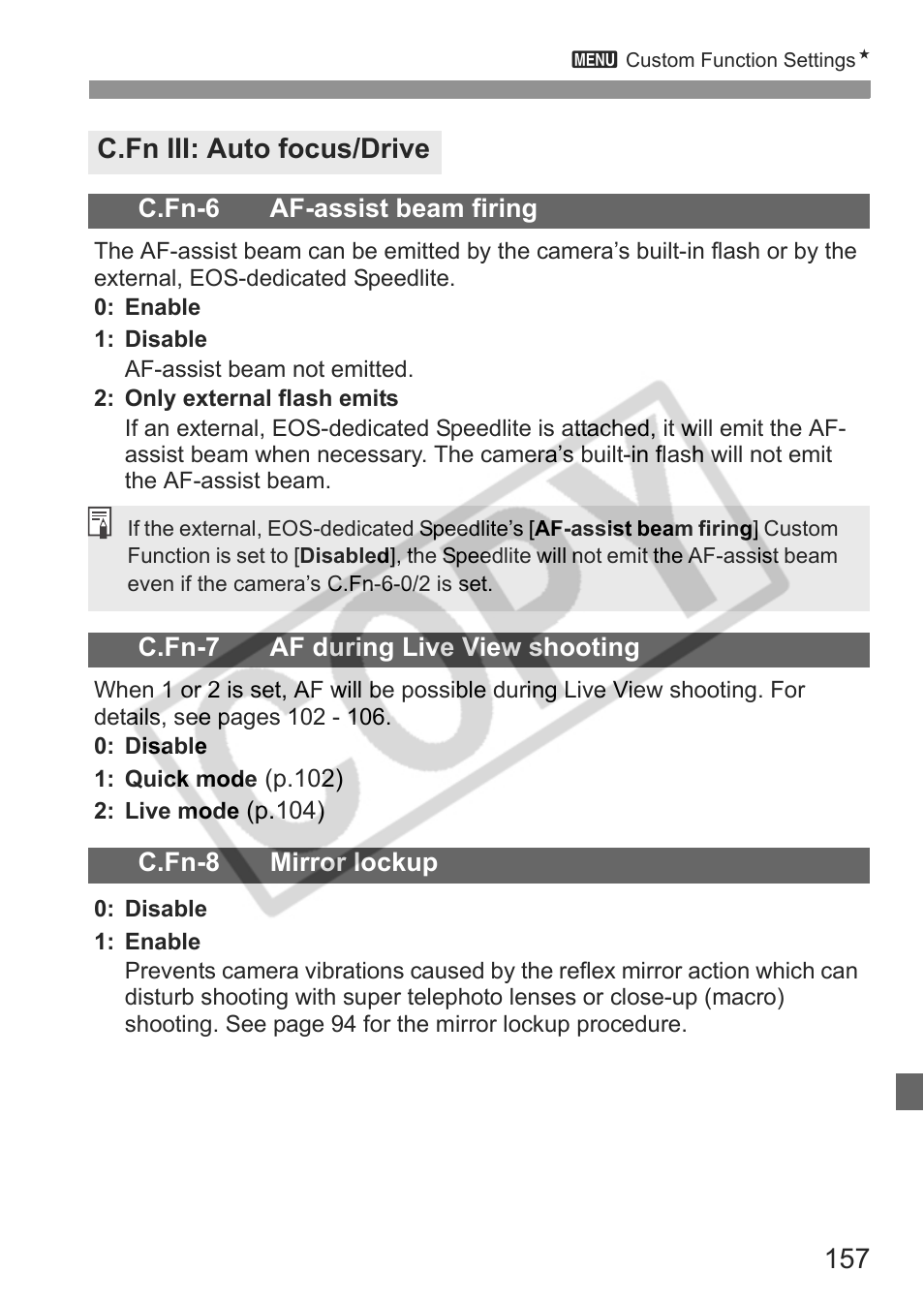 C.fn iii: auto focus/drive | Canon EOS rebel xs User Manual | Page 157 / 196