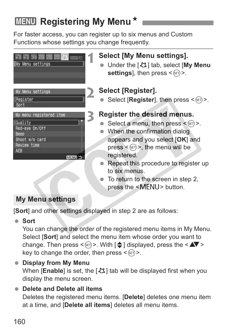 3registering my menu n | Canon EOS rebel xs User Manual | Page 160 / 196