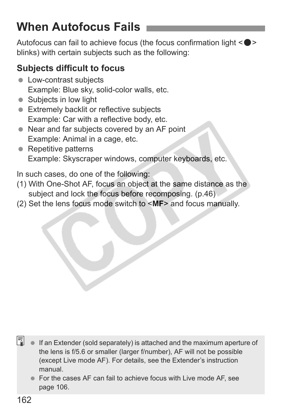 When autofocus fails, Subjects difficult to focus | Canon EOS rebel xs User Manual | Page 162 / 196
