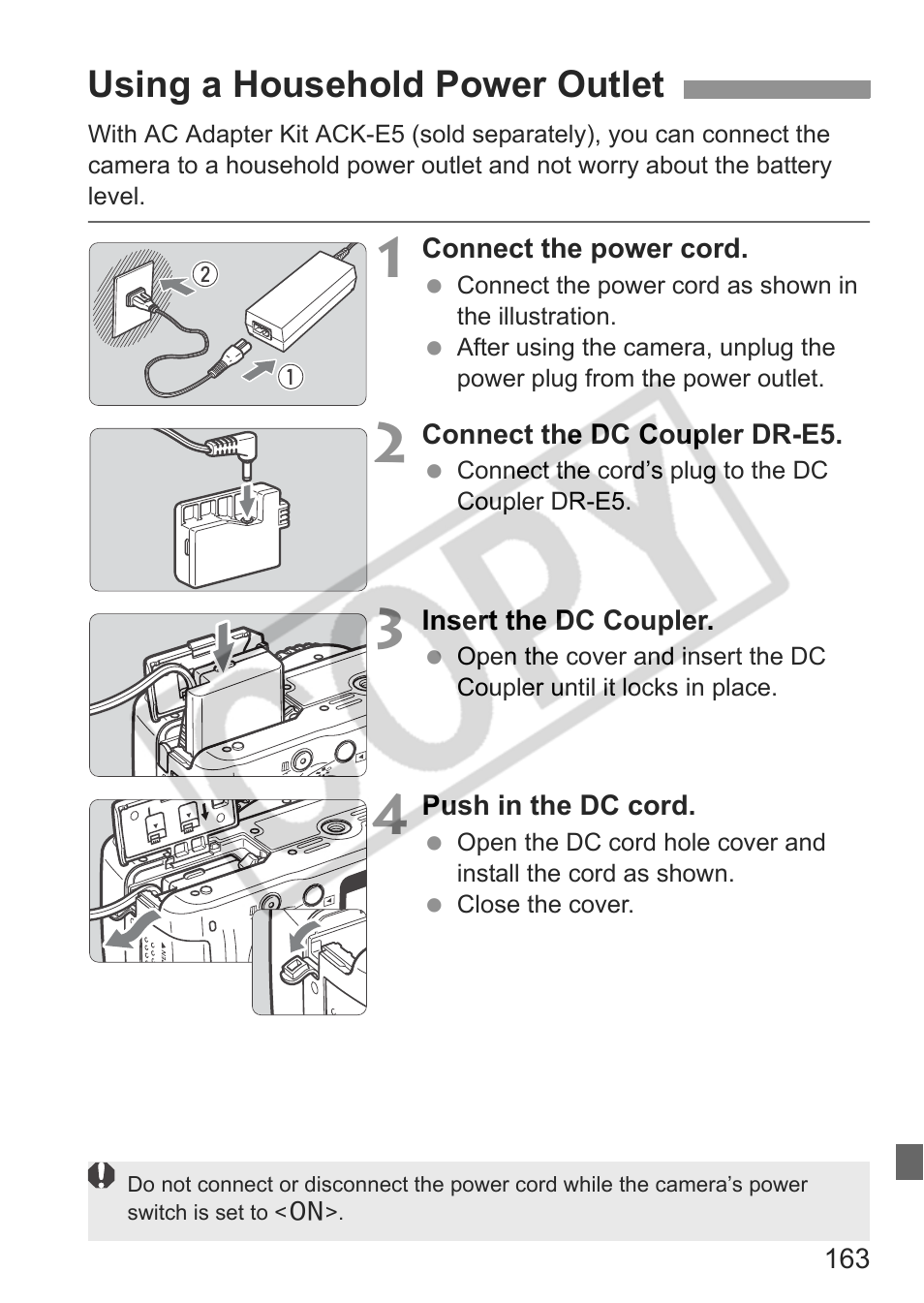 Using a household power outlet | Canon EOS rebel xs User Manual | Page 163 / 196