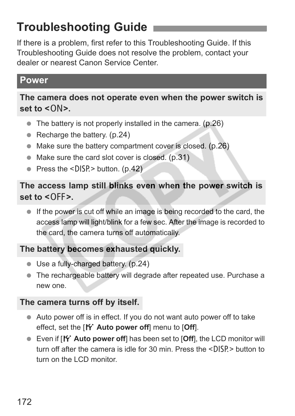 Troubleshooting guide, Power | Canon EOS rebel xs User Manual | Page 172 / 196