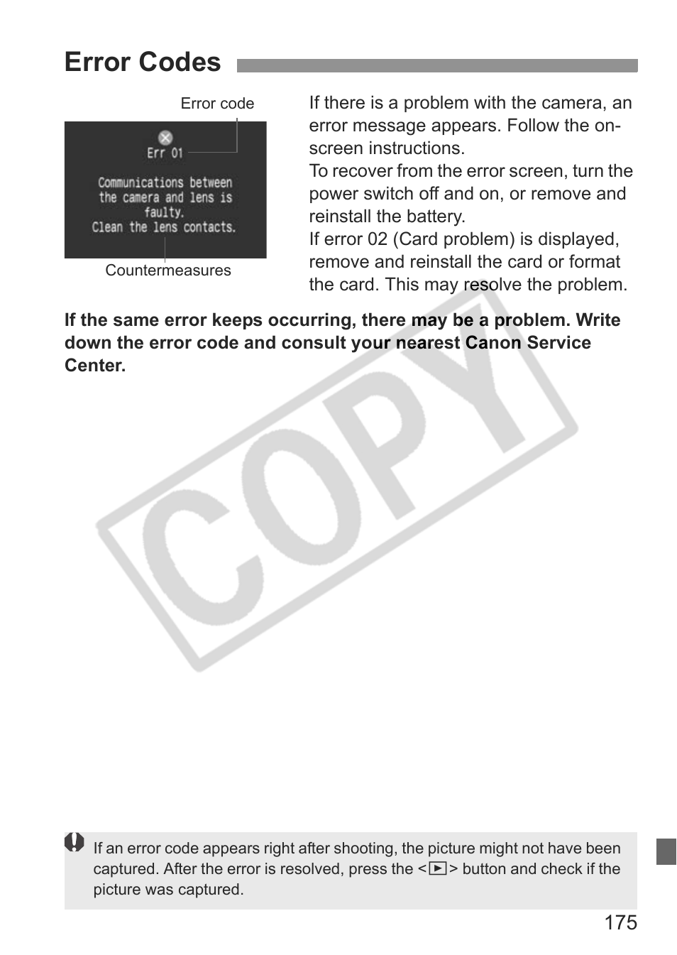 Error codes | Canon EOS rebel xs User Manual | Page 175 / 196