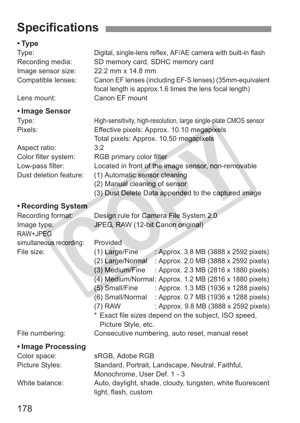 Specifications | Canon EOS rebel xs User Manual | Page 178 / 196