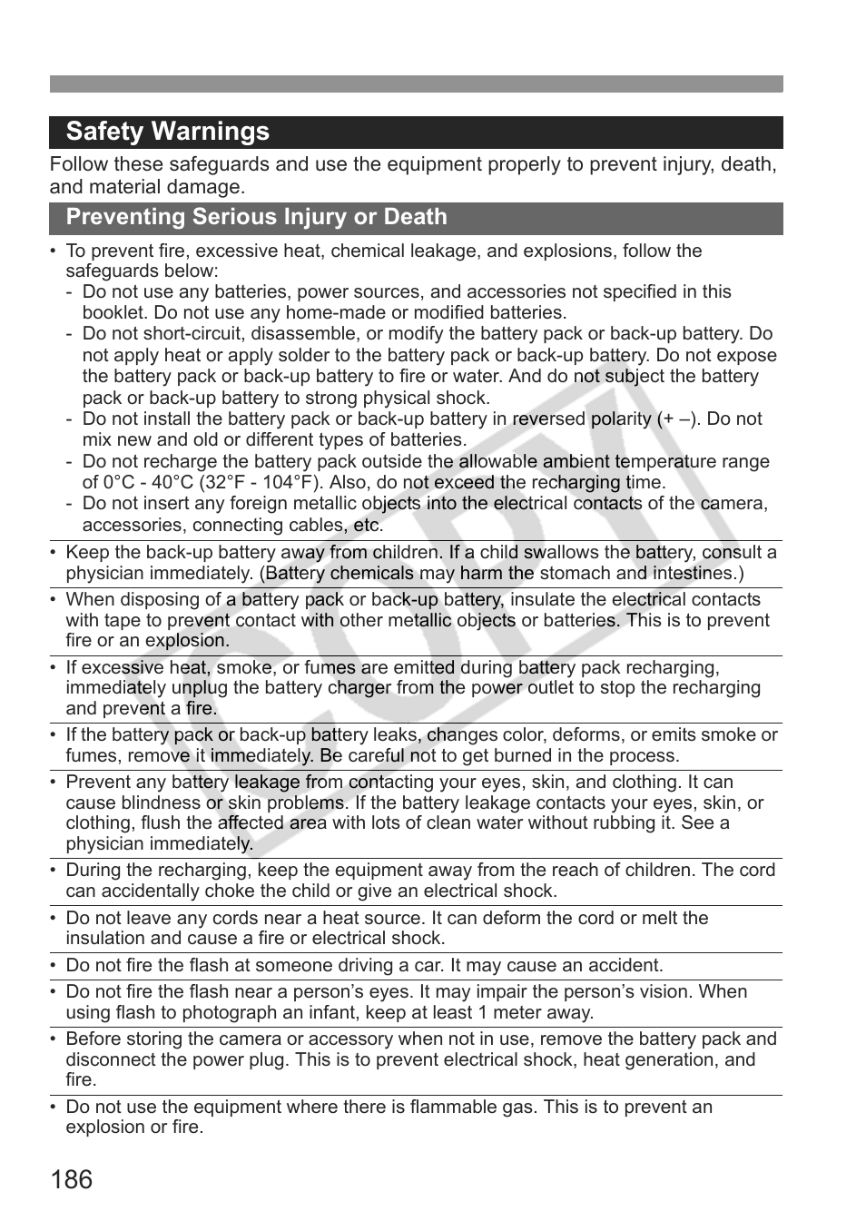 186 safety warnings, Preventing serious injury or death | Canon EOS rebel xs User Manual | Page 186 / 196