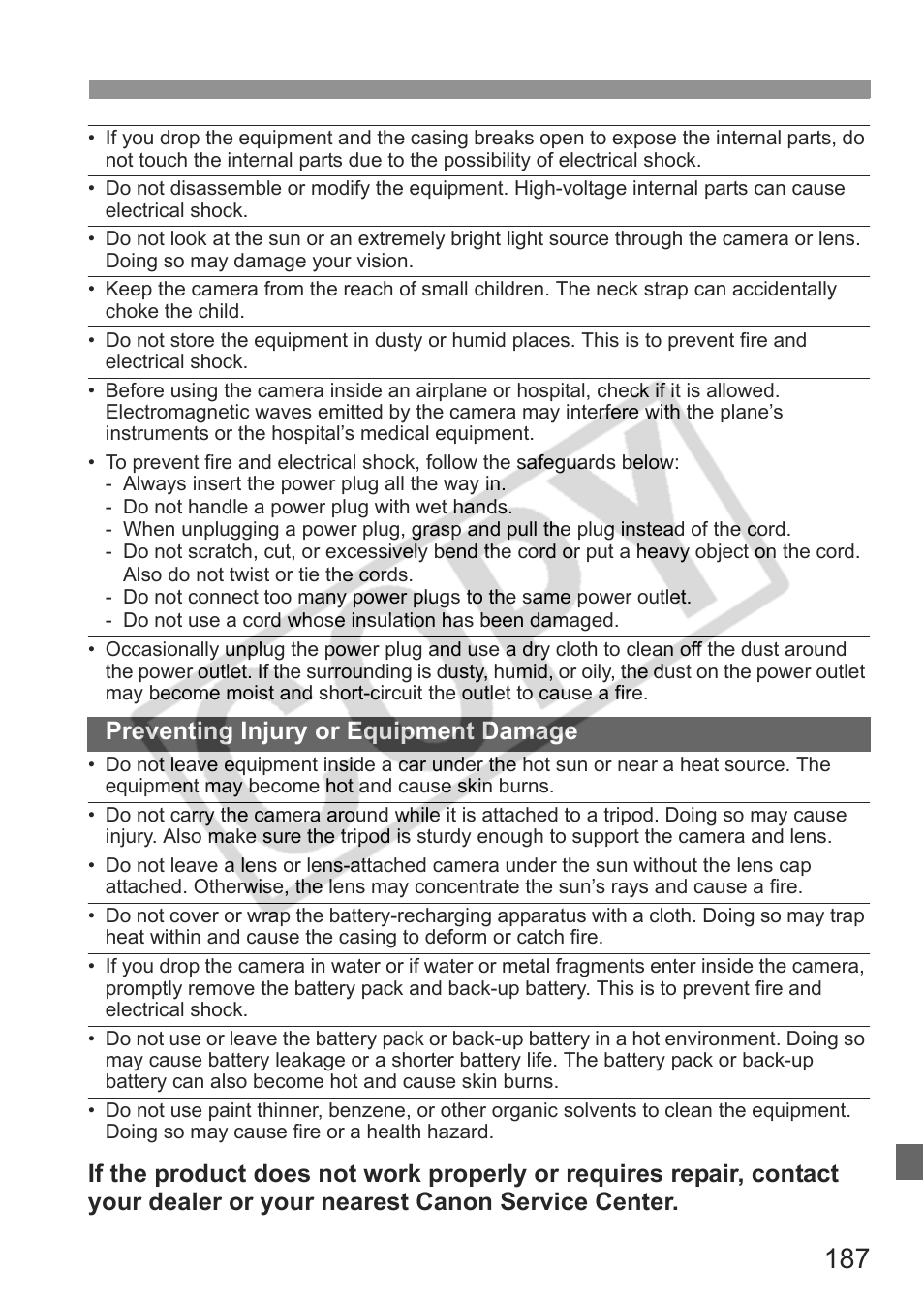 Preventing injury or equipment damage | Canon EOS rebel xs User Manual | Page 187 / 196