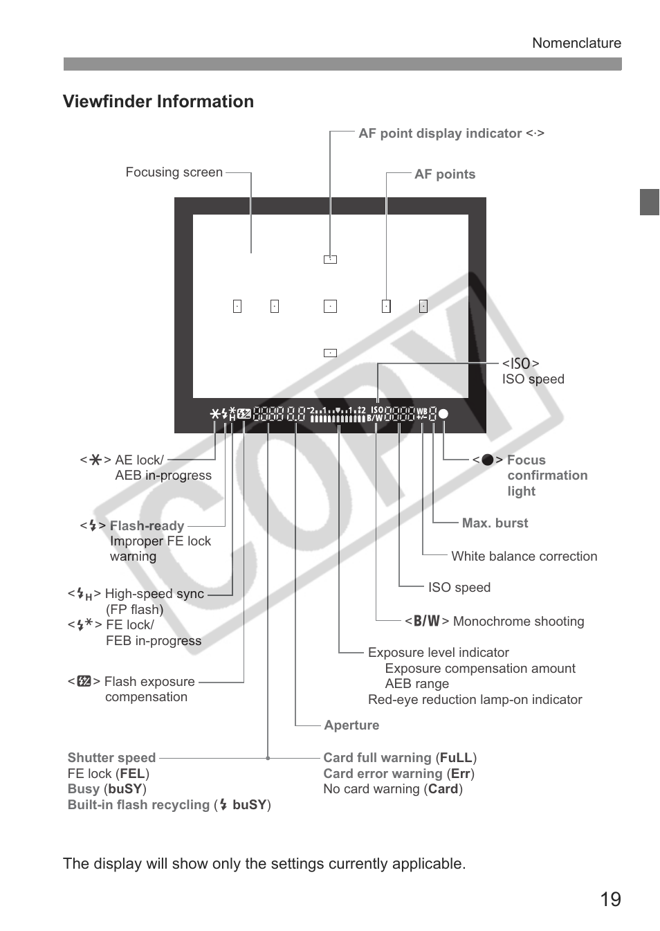 Viewfinder information | Canon EOS rebel xs User Manual | Page 19 / 196