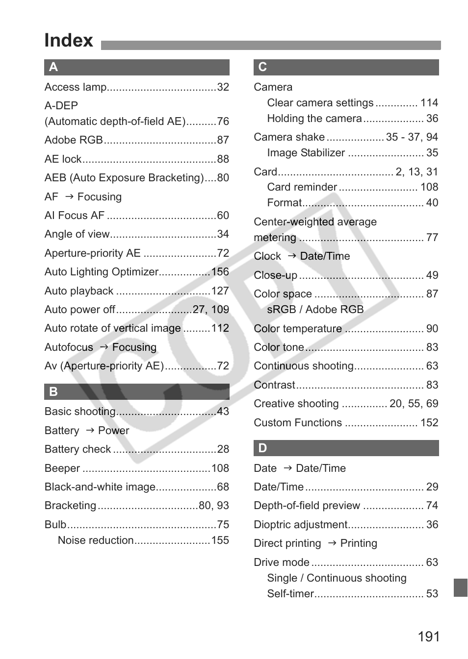 Index | Canon EOS rebel xs User Manual | Page 191 / 196