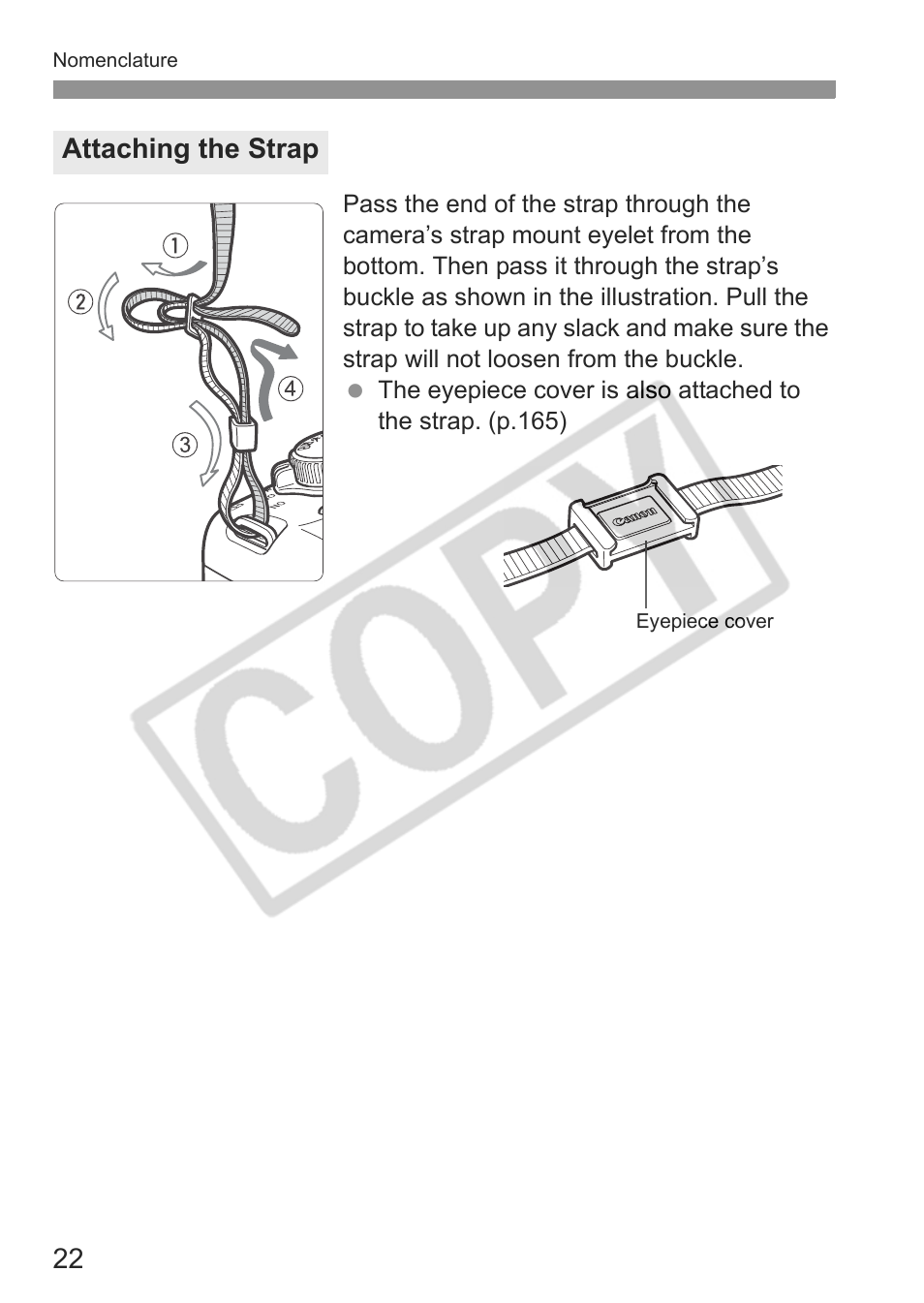 Attaching the strap | Canon EOS rebel xs User Manual | Page 22 / 196