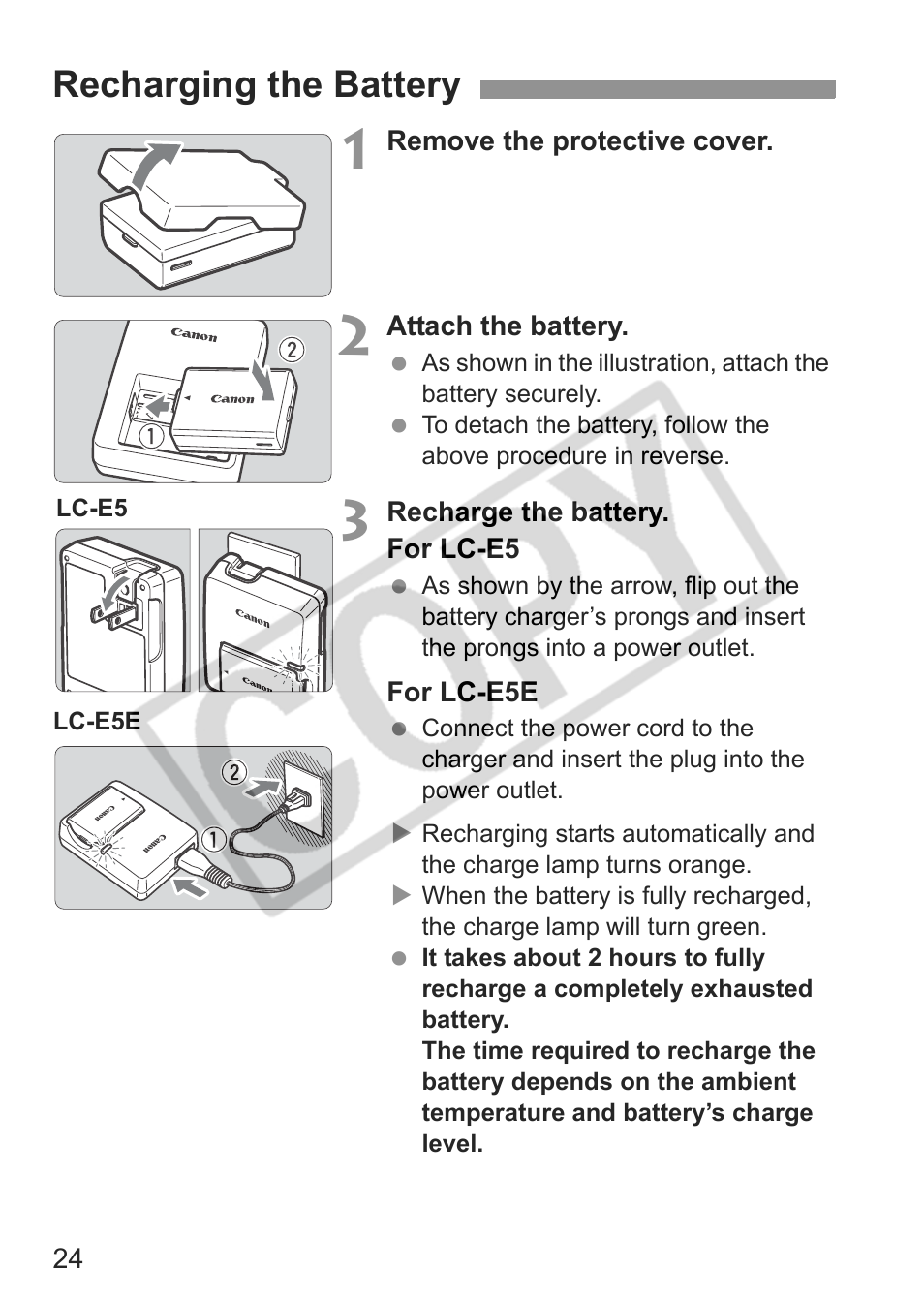 Recharging the battery | Canon EOS rebel xs User Manual | Page 24 / 196