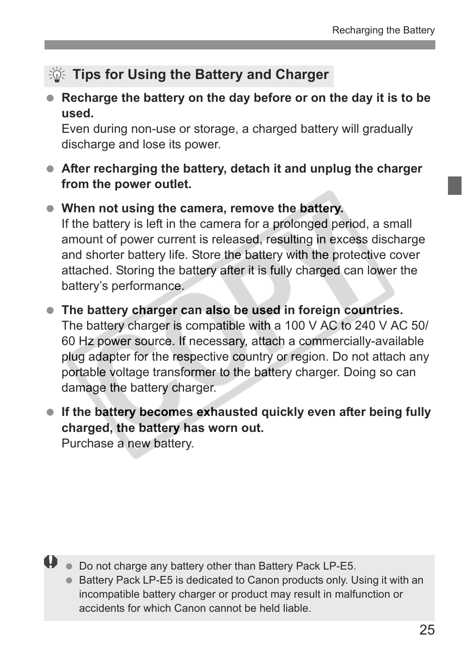 Tips for using the battery and charger | Canon EOS rebel xs User Manual | Page 25 / 196