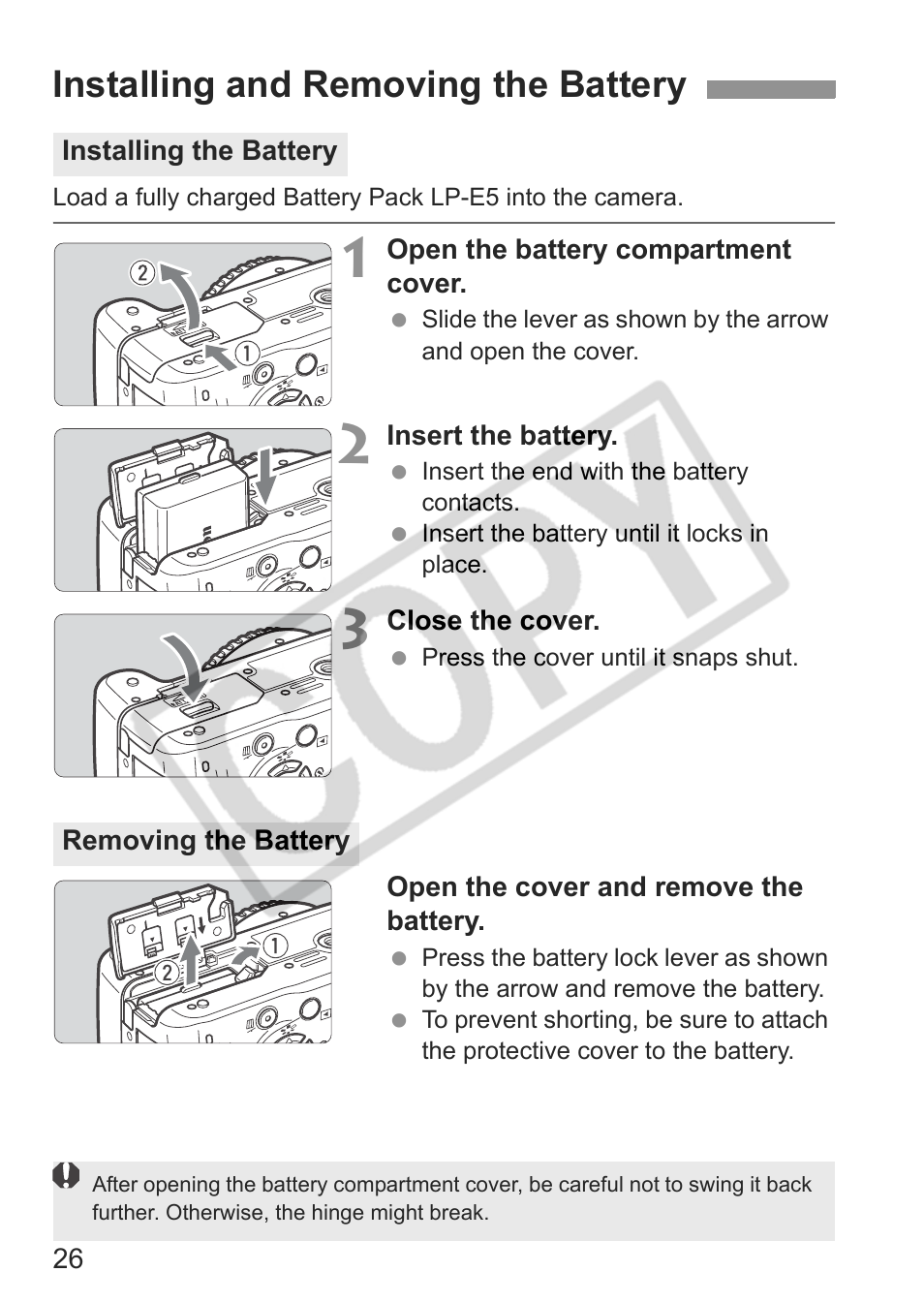 Installing and removing the battery | Canon EOS rebel xs User Manual | Page 26 / 196