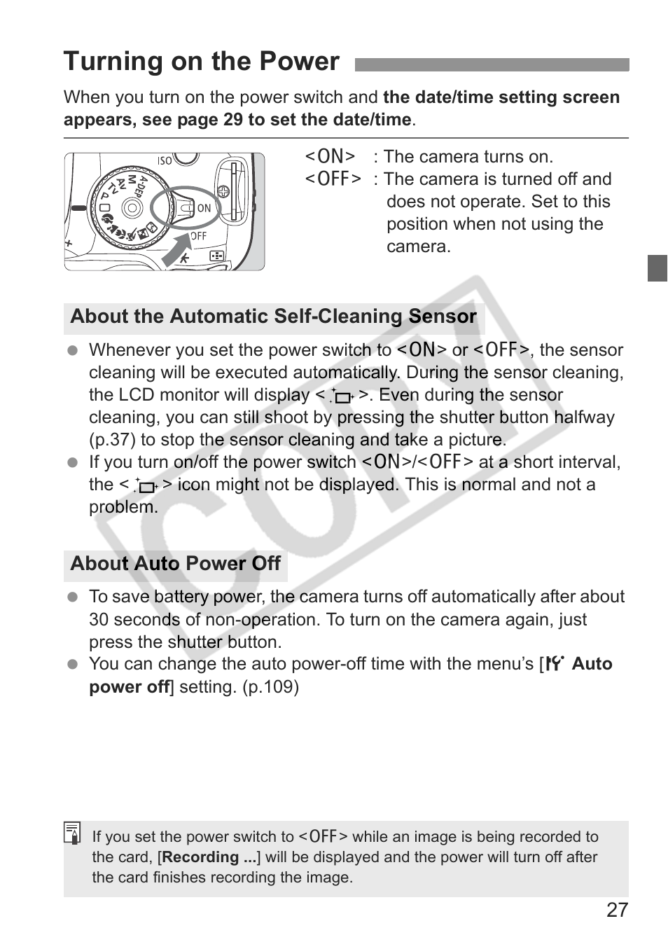 Turning on the power | Canon EOS rebel xs User Manual | Page 27 / 196