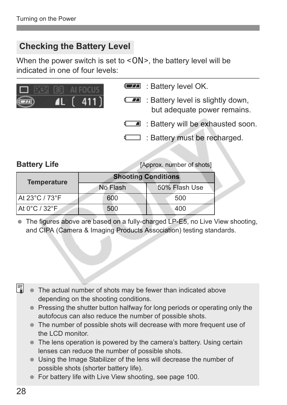 Checking the battery level | Canon EOS rebel xs User Manual | Page 28 / 196