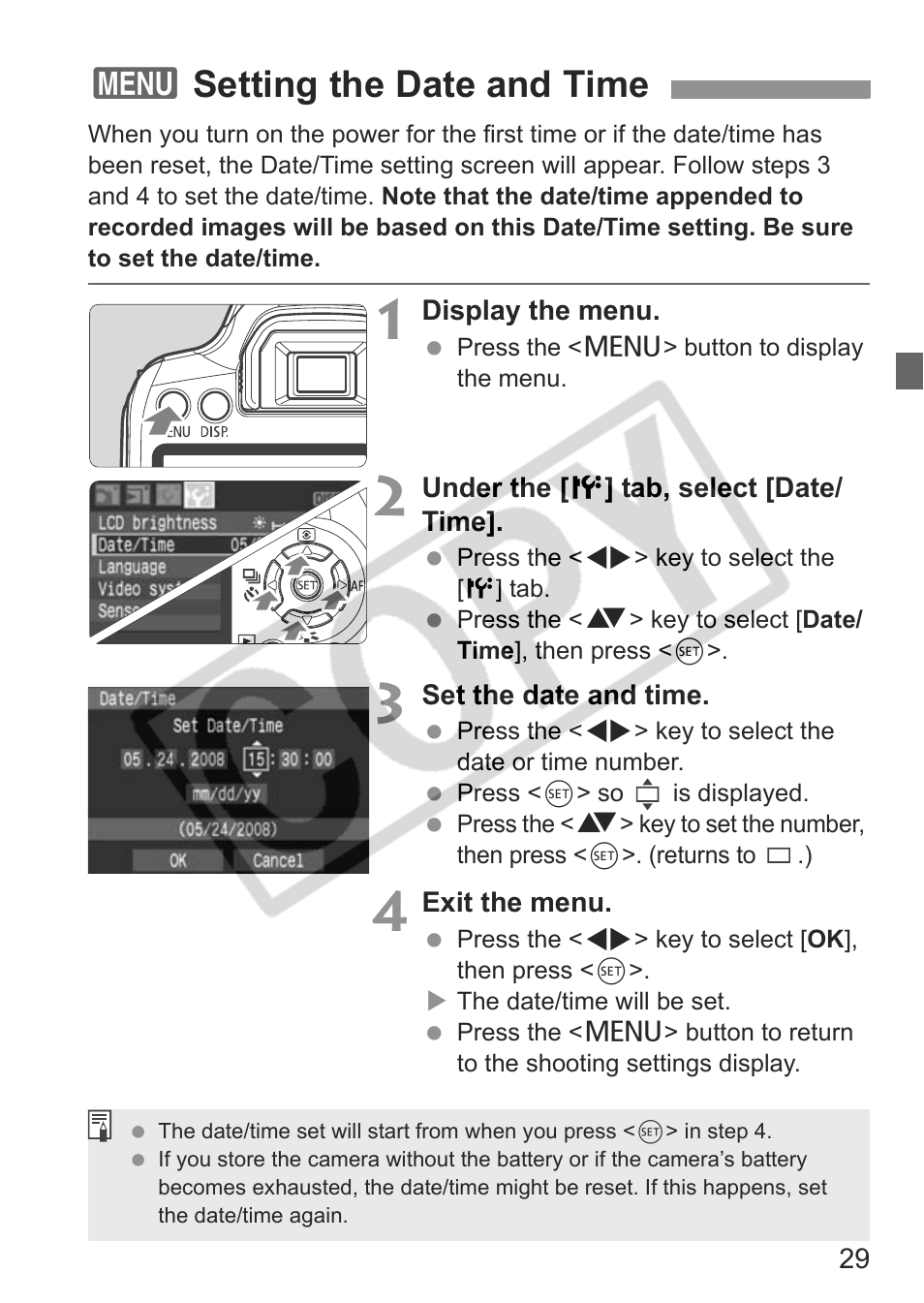 3setting the date and time | Canon EOS rebel xs User Manual | Page 29 / 196