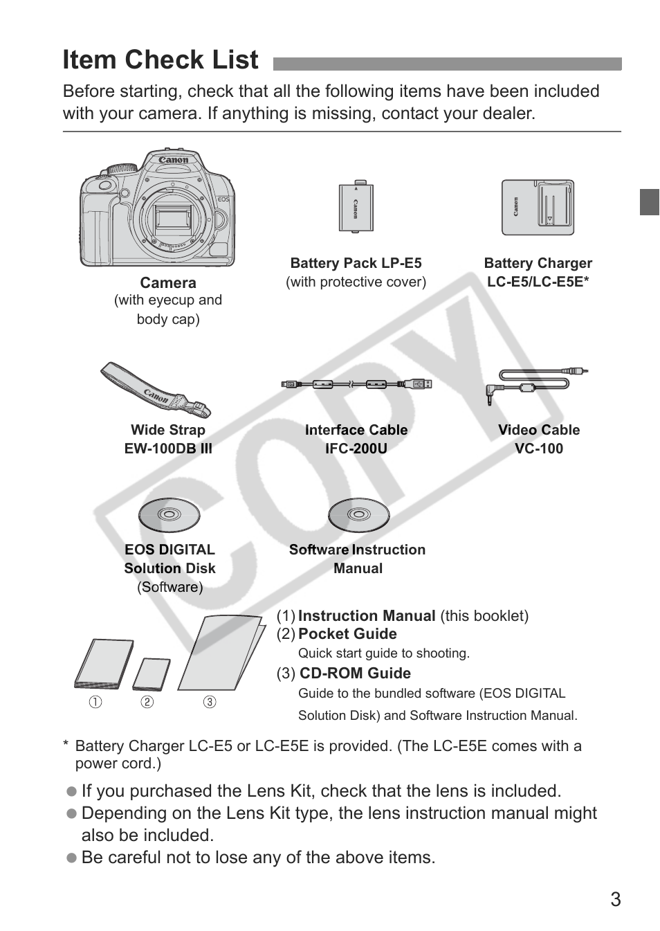 Item check list | Canon EOS rebel xs User Manual | Page 3 / 196