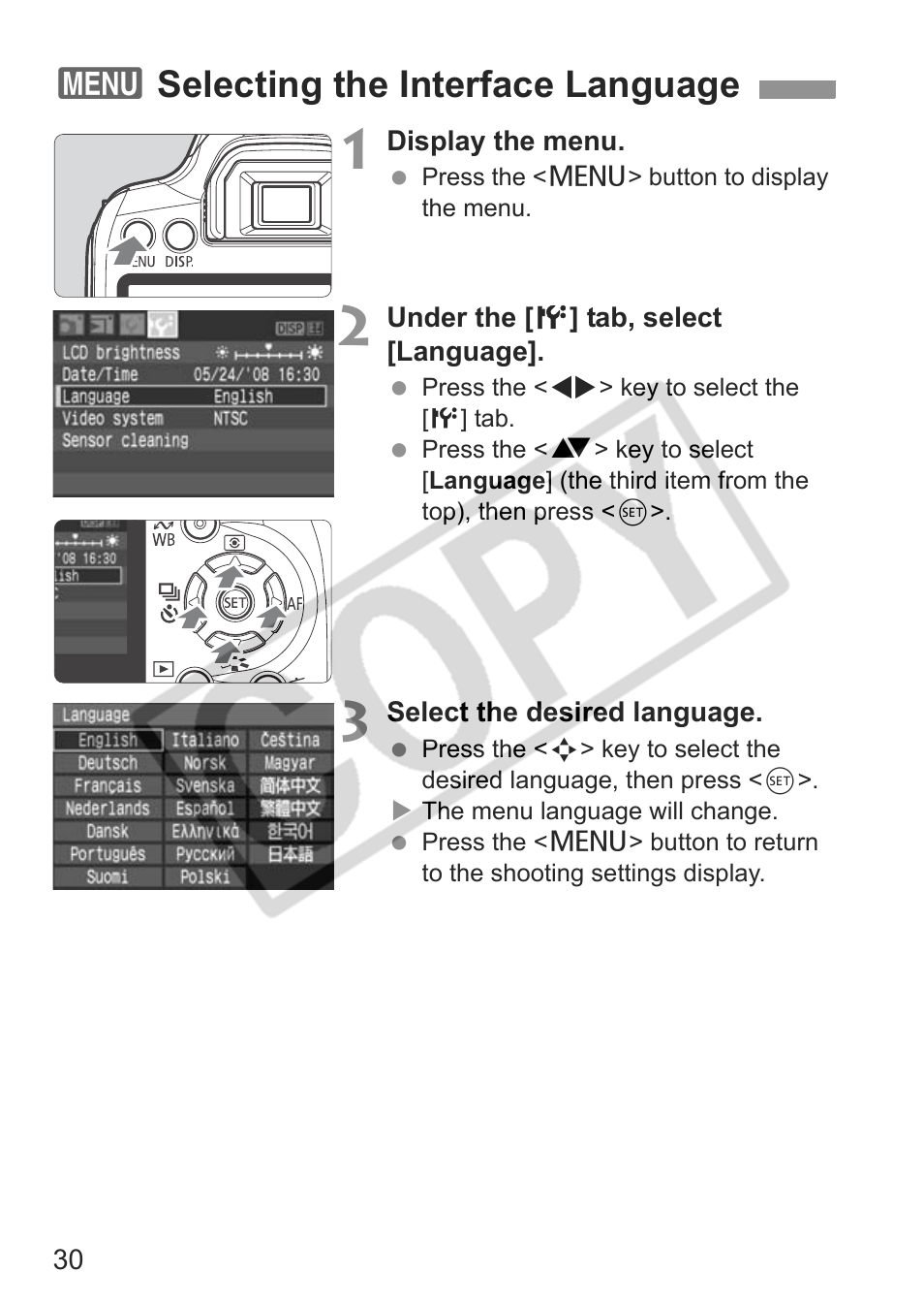 3selecting the interface language | Canon EOS rebel xs User Manual | Page 30 / 196