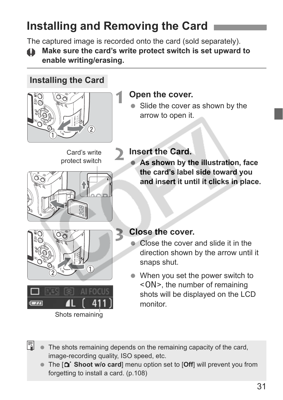 Installing and removing the card | Canon EOS rebel xs User Manual | Page 31 / 196