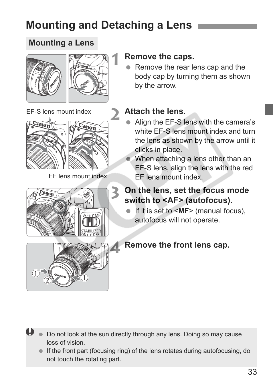 Mounting and detaching a lens | Canon EOS rebel xs User Manual | Page 33 / 196