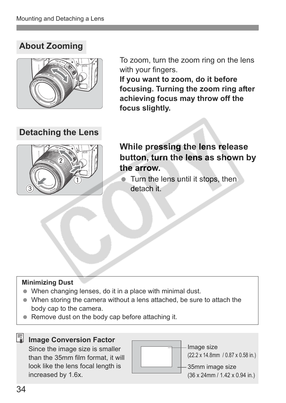 About zooming detaching the lens | Canon EOS rebel xs User Manual | Page 34 / 196