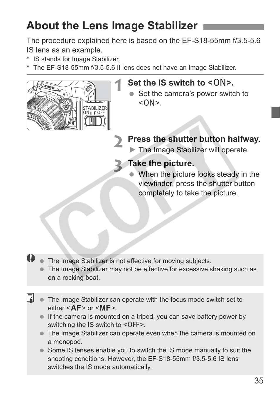 About the lens image stabilizer | Canon EOS rebel xs User Manual | Page 35 / 196