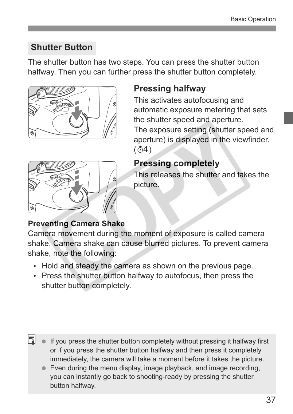 Pressing halfway, Pressing completely, Shutter button | Canon EOS rebel xs User Manual | Page 37 / 196