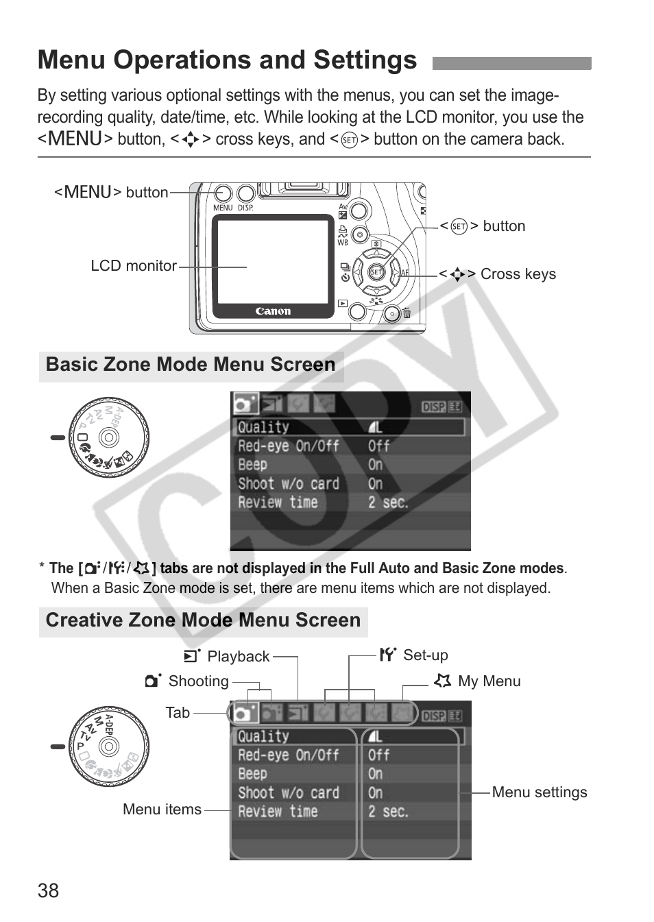 Menu operations and settings | Canon EOS rebel xs User Manual | Page 38 / 196