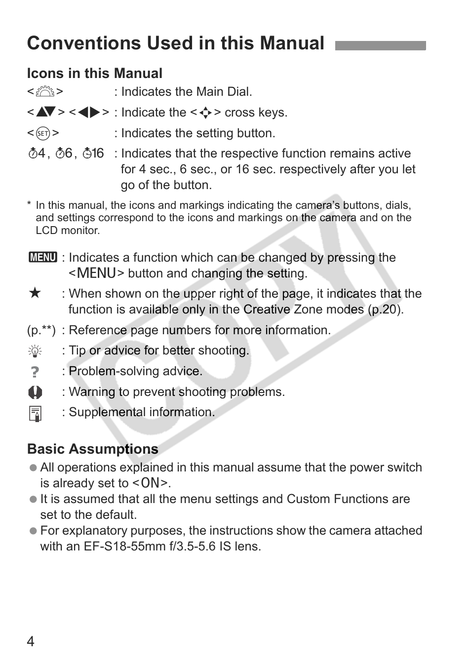 Conventions used in this manual | Canon EOS rebel xs User Manual | Page 4 / 196