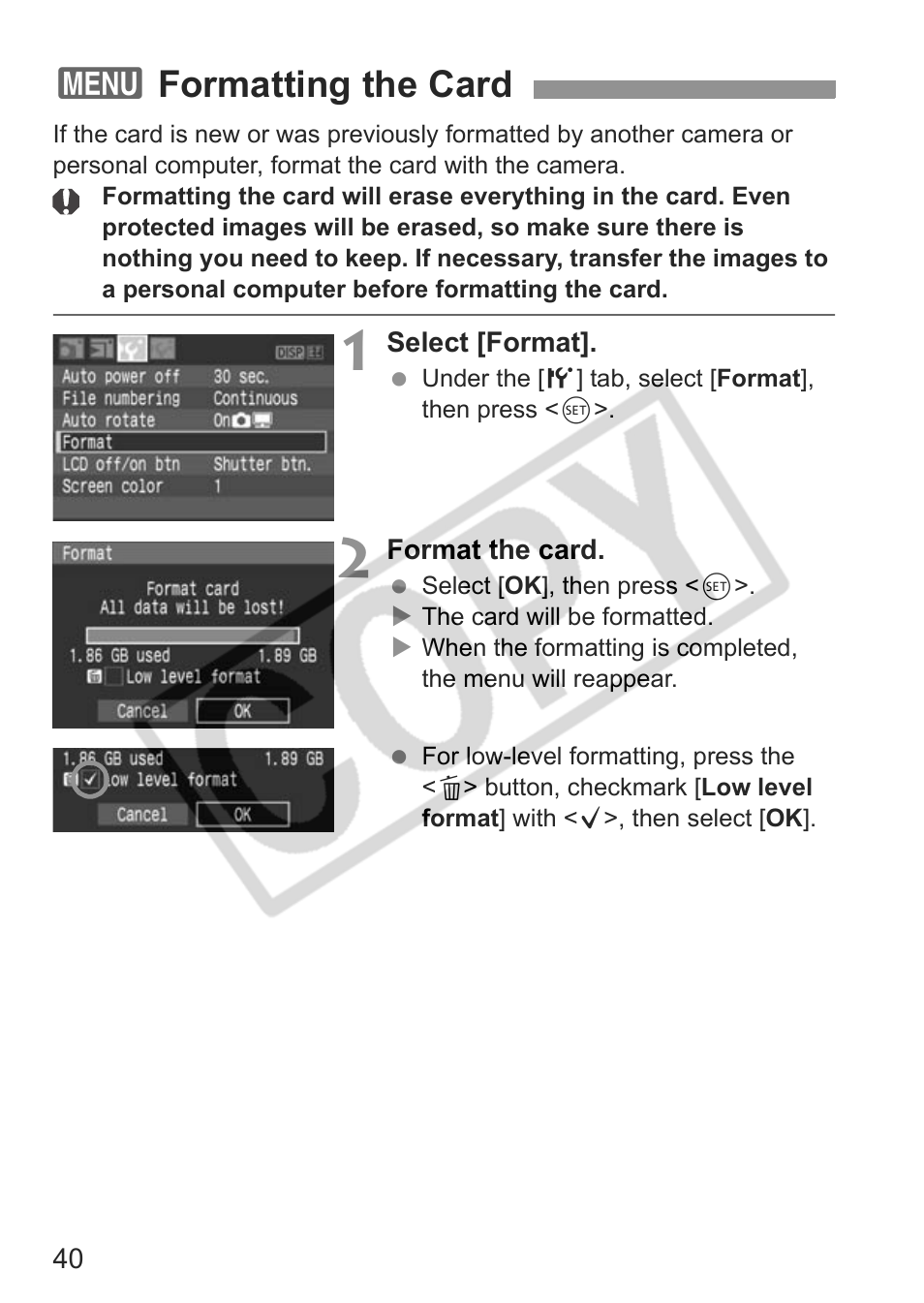 3formatting the card | Canon EOS rebel xs User Manual | Page 40 / 196