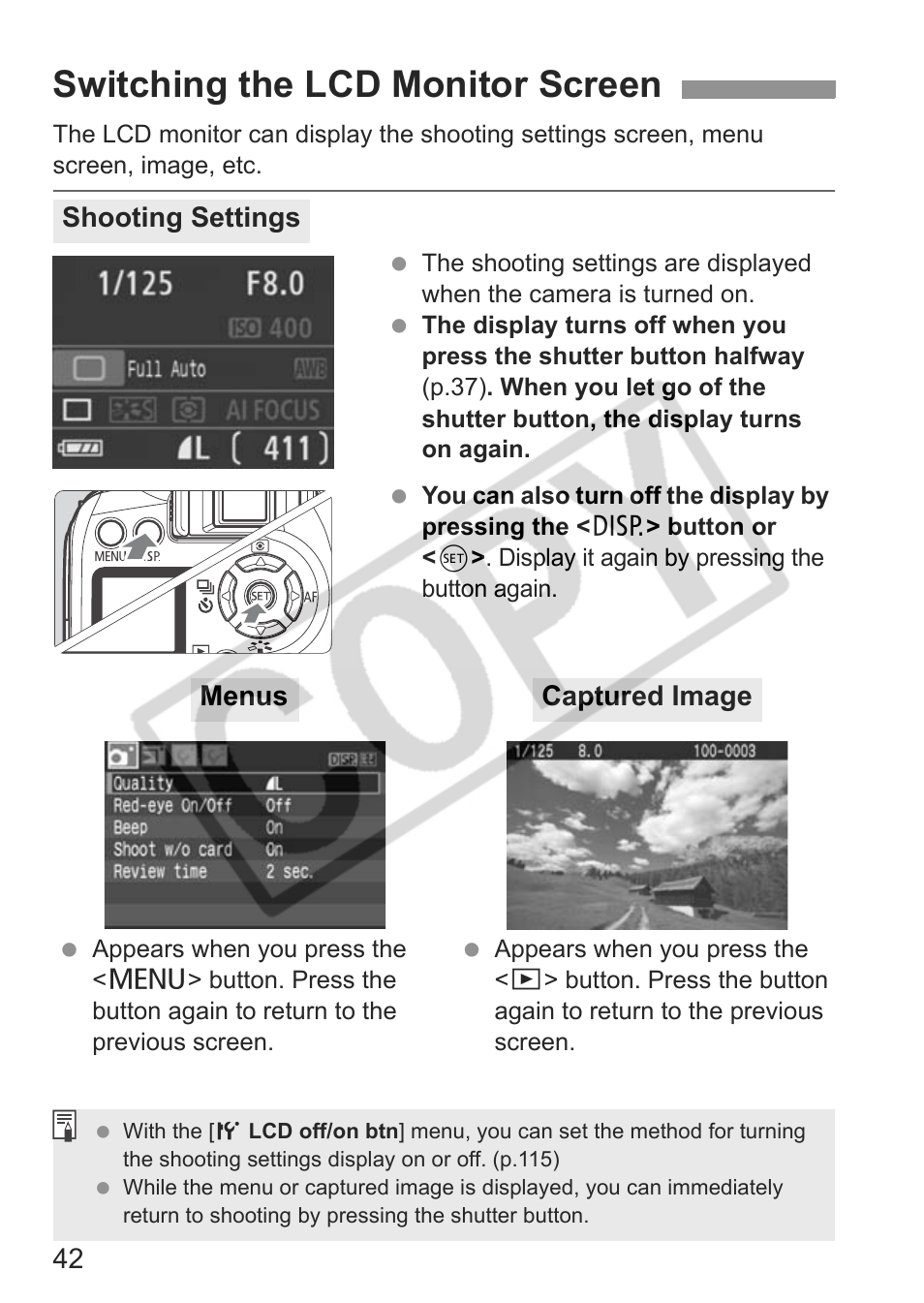 Switching the lcd monitor screen | Canon EOS rebel xs User Manual | Page 42 / 196