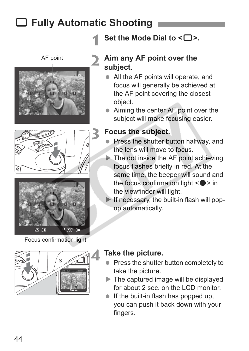 1 fully automatic shooting | Canon EOS rebel xs User Manual | Page 44 / 196