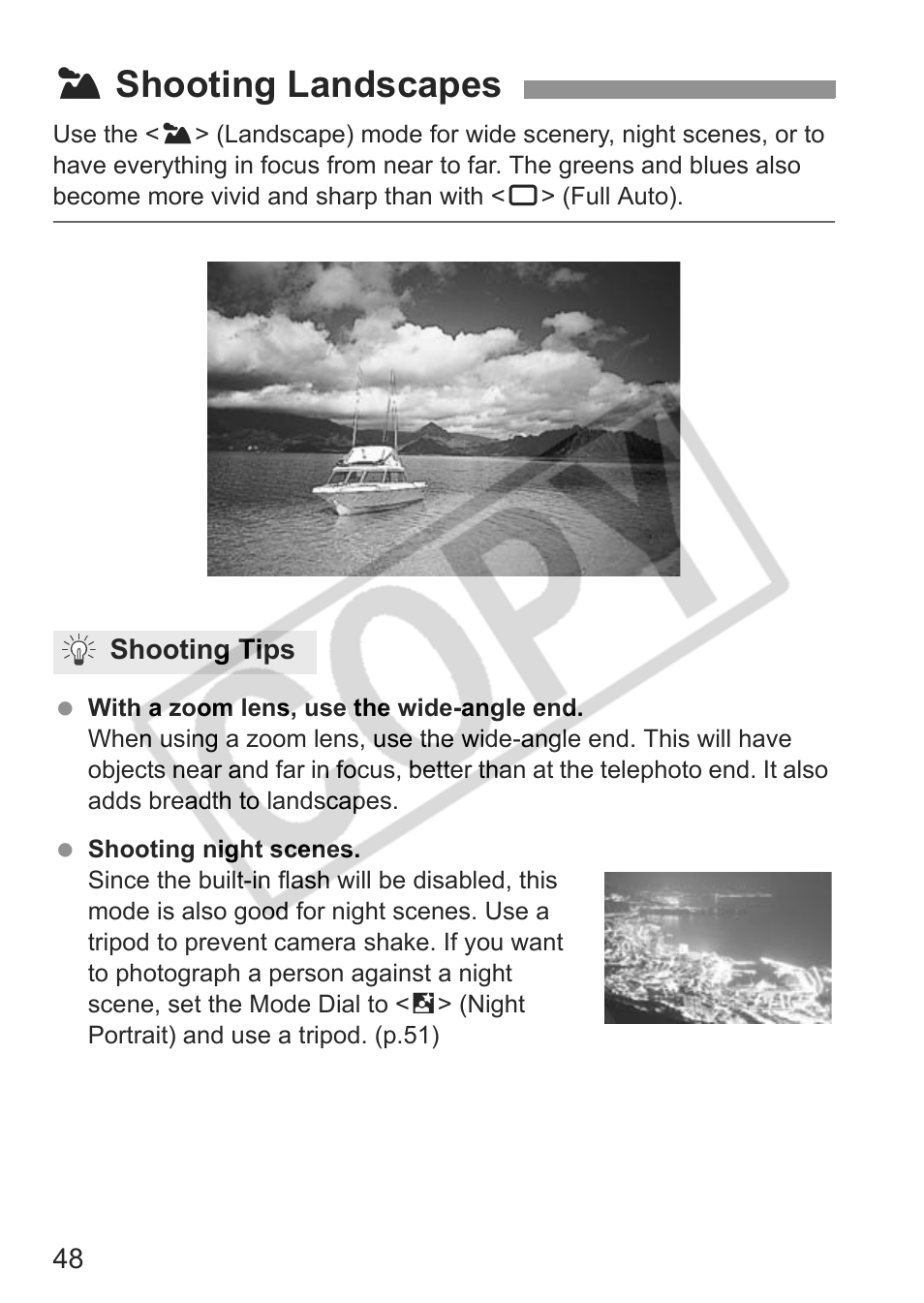 3 shooting landscapes | Canon EOS rebel xs User Manual | Page 48 / 196