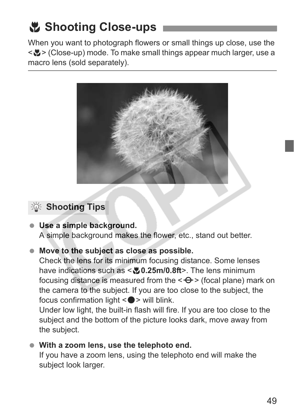 4 shooting close-ups | Canon EOS rebel xs User Manual | Page 49 / 196