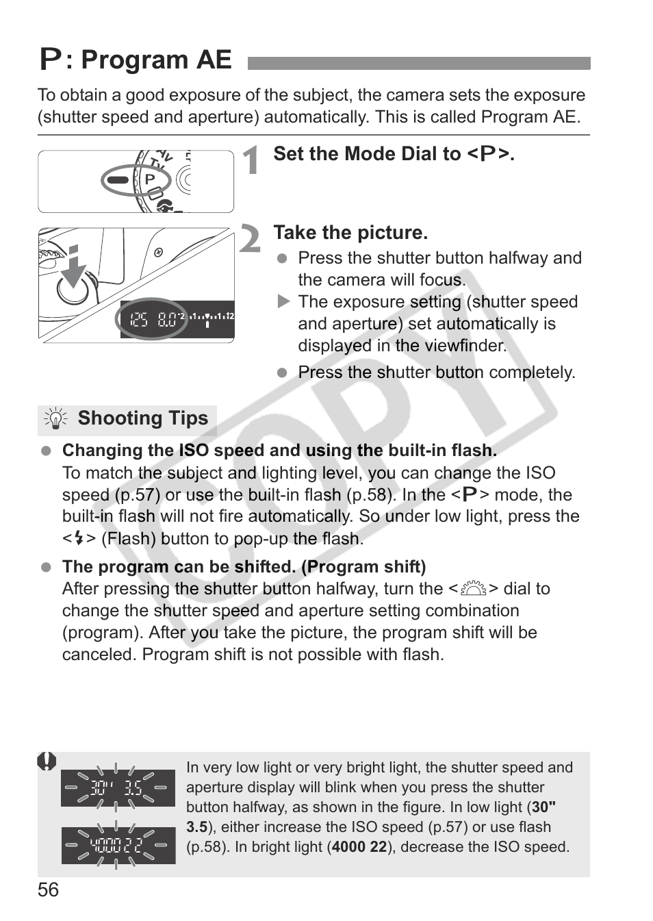D: program ae | Canon EOS rebel xs User Manual | Page 56 / 196