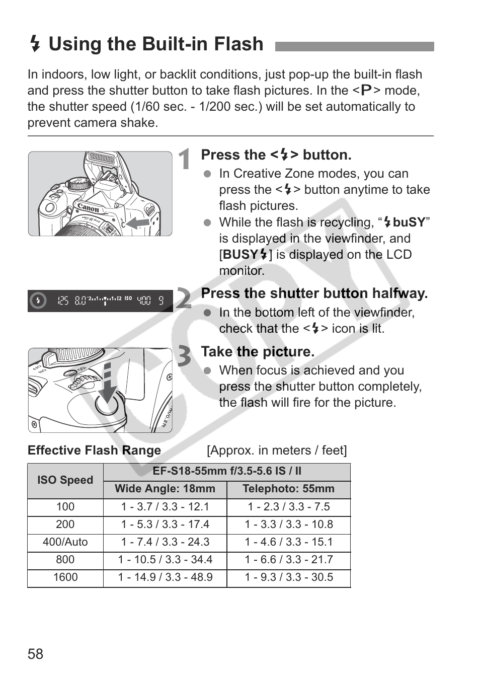 Dusing the built-in flash | Canon EOS rebel xs User Manual | Page 58 / 196